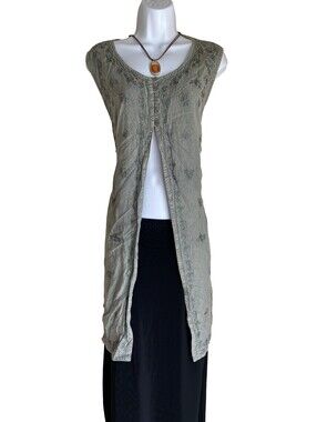VTG 24 Karat Women's Plus XL Embroidered Earthy Green Open Front Tunic Blouse